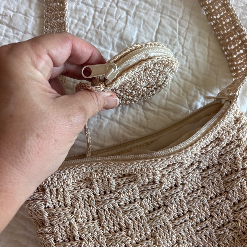 3/$15 Beige Crochet Shoulder Bag with Detachable Coin Pouch